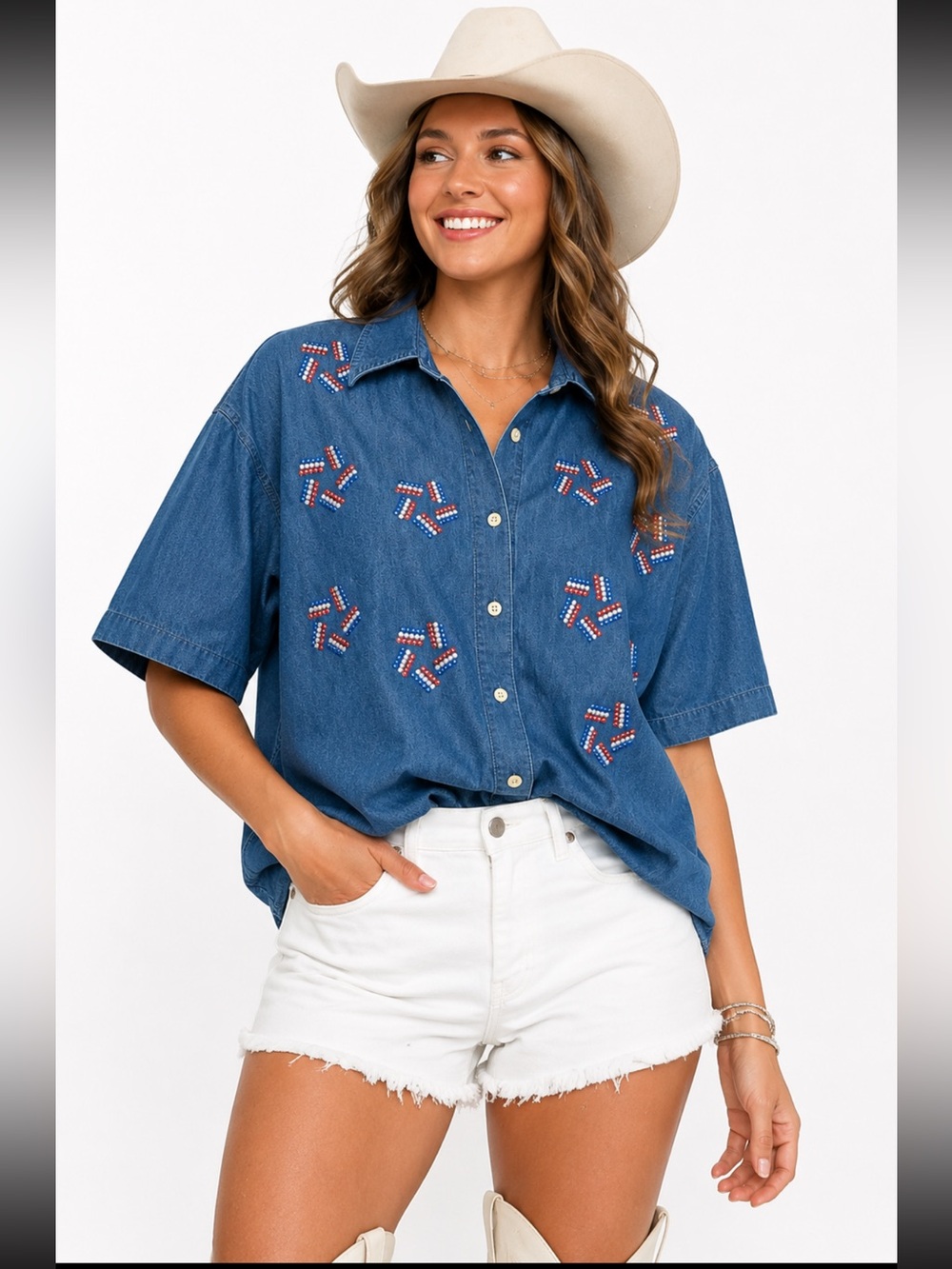 Vintage Karen Scott Americana Denim Button Up Patriotic Y2K USA Studded Cotton